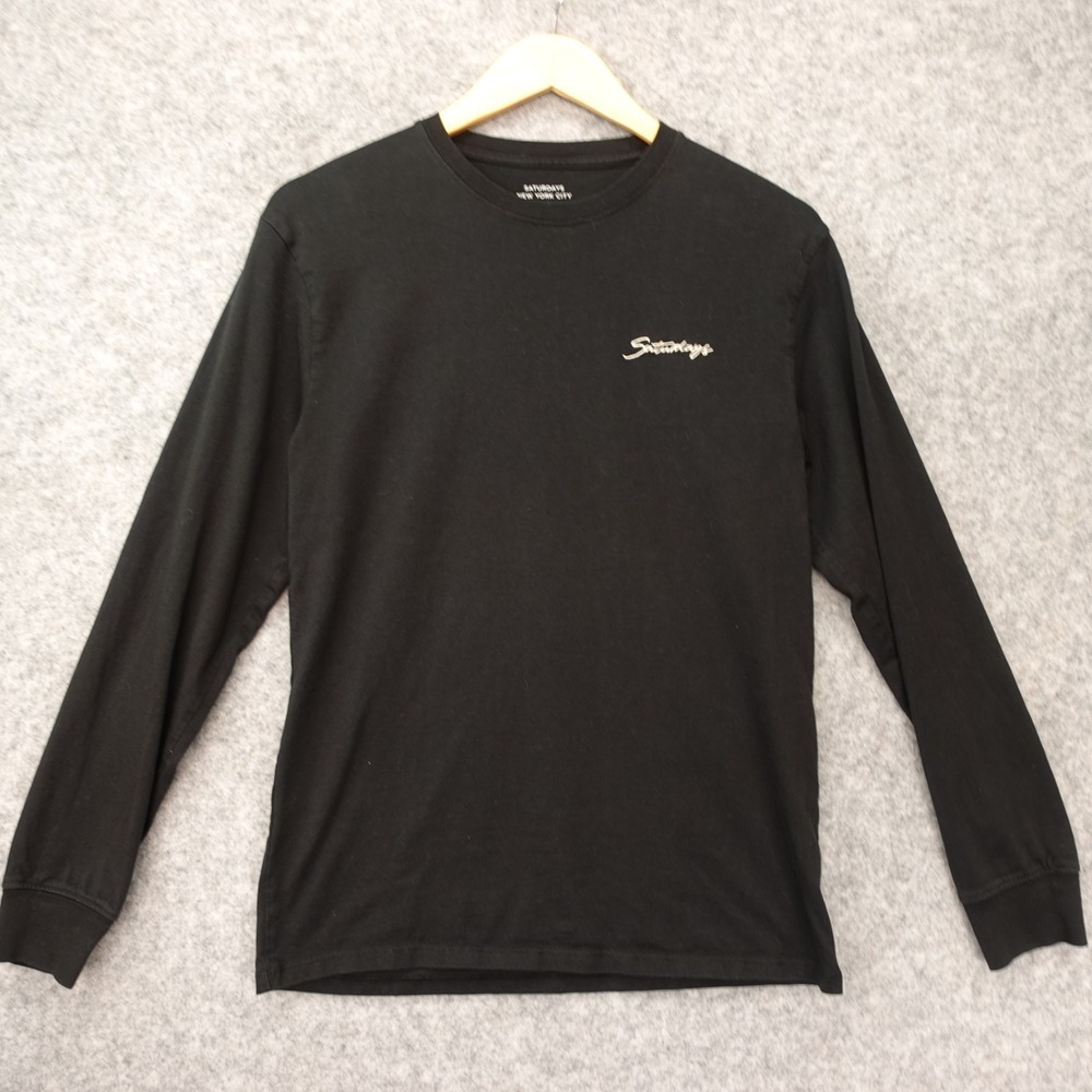 SATURDAYS Long Sleeve T Shirt Men SMALL Black Basic Cotton Tee Logo Light Preppy